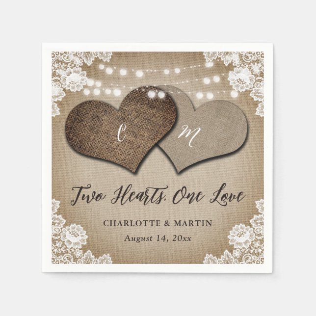 Rustic Land Monogram Burlap och Snöre Bröllop Pappersservett (Framsidan)