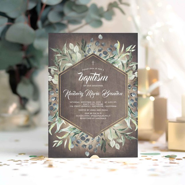 Rustic Land | Naturträdgårdsmästare i Grekland Inbjudningar (Greenery Rustic Barn Wood Baptism Invitations)