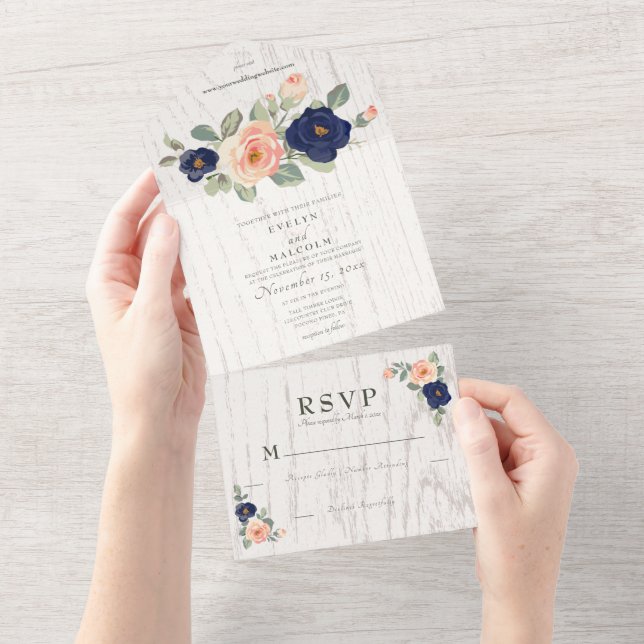 Rustic Land Navy Blue och Peach Blommigt Bröllop (Avrivbar del)