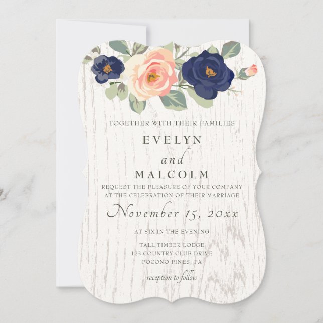 Rustic Land Navy Blue och Peach Blommigt Bröllop Inbjudningar (Framsida)