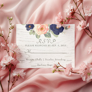 Rustic Land Navy Blue och Peach Blommigt Bröllop OSA Kort