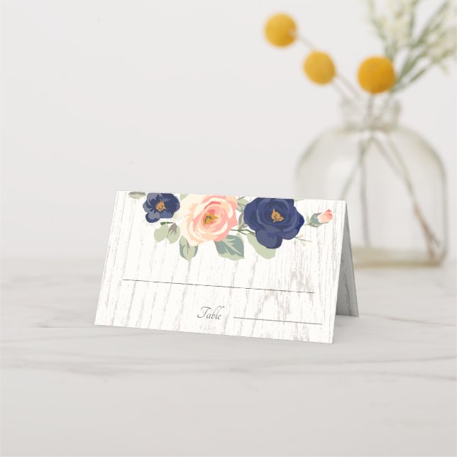 Rustic Land Navy Blue och Peach Blommigt Bröllop Placeringskort (Framsida)
