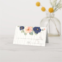 Rustic Land Navy Blue och Peach Blommigt Bröllop Placeringskort
