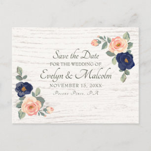 Rustic Land Navy Blue, Peach Blommigt Bröllop STD Meddelande Vykort