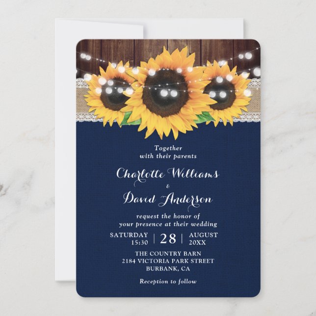Rustic Land Navy Blue Solros Barn Bröllop Inbjudningar (Framsida)