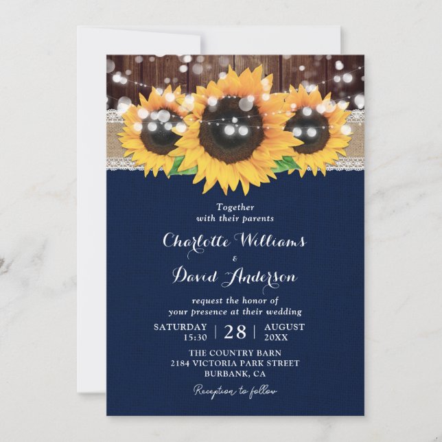 Rustic Land Navy Blue Solros Barn Bröllop Inbjudningar (Framsida)