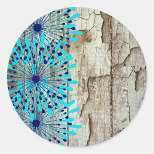 Rustic Land Old Barn Wood Teal Blåa blommor Runt Klistermärke