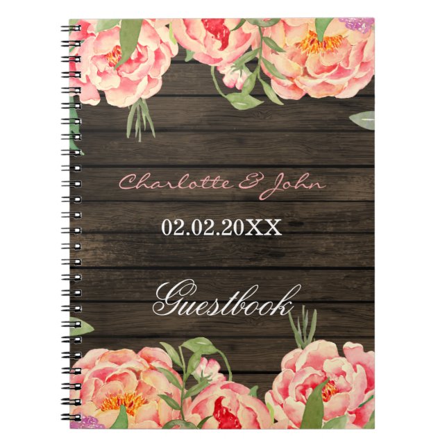Rustic Land Peony Barn Wood Bröllop Anteckningsbok (Framsidan)