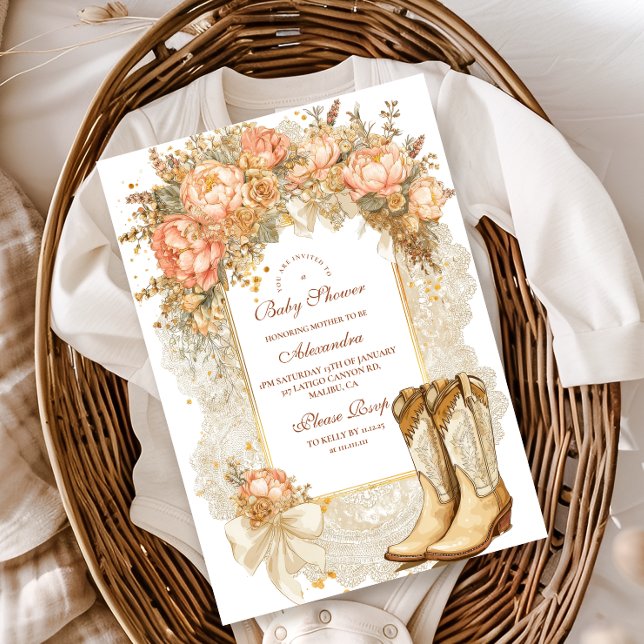 Rustic Land Peony Boots Baby Shower Inbjudningar (Skapare uppladdad)