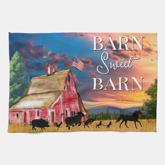 Rustic Land Red Barn med djur Kökshandduk (Horisontell)
