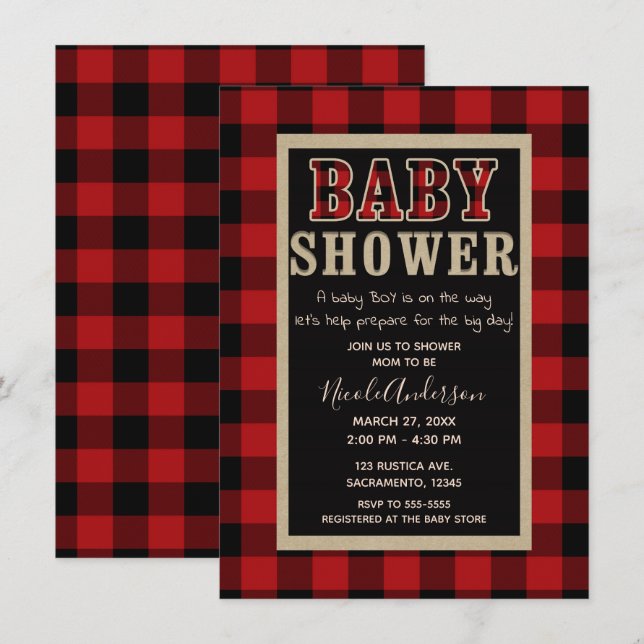 Rustic Land Red Black Buffalo Play Baby Shower Inbjudningar (Fram/baksida)