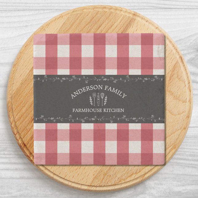 Rustic Land Red Gingham Black Chalkboard Stenunderlägg (Close up)