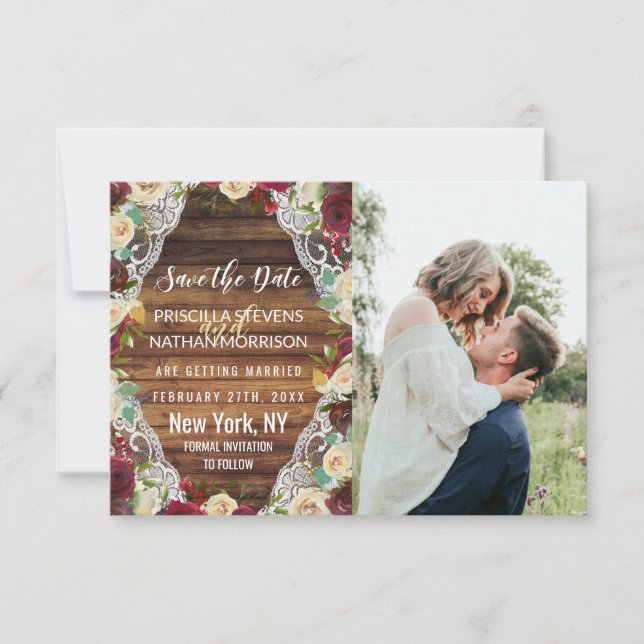 Rustic Land Red Ivory Blommigt Snöre Wood Spara Datumet (Framsida)