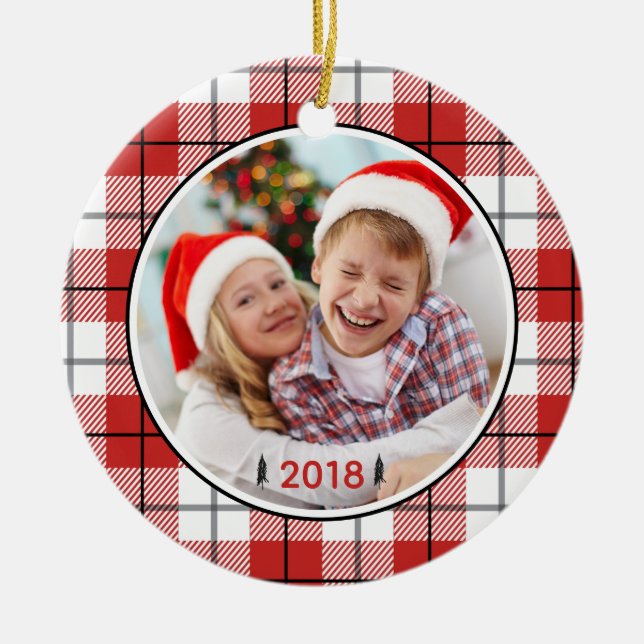 Rustic Land Red White & Black Flanals Mönster Julgransprydnad Keramik (Framsidan)