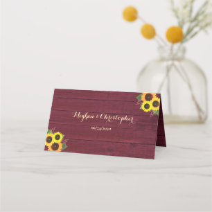 Rustic Land Red Wood Solros Blommigt Bröllop Placeringskort