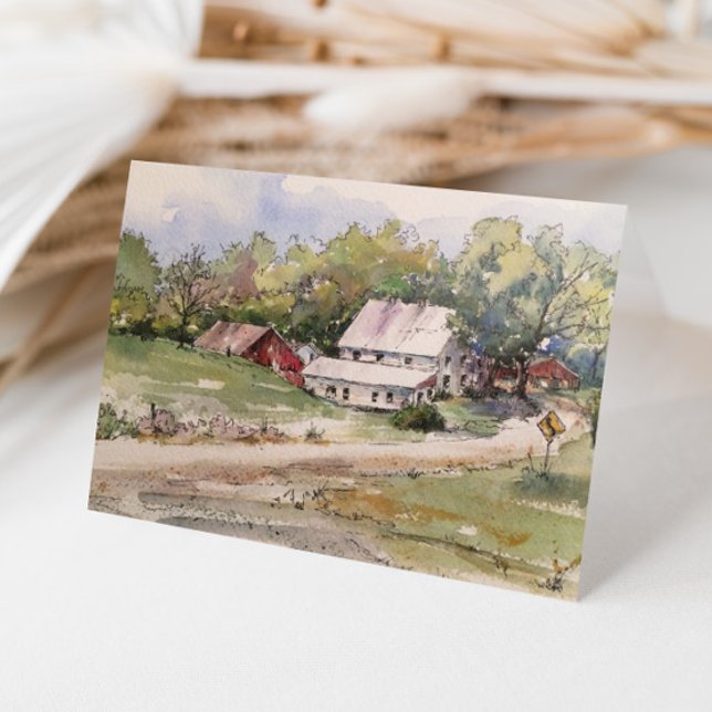 Rustic Land Road Farm Watercolor liggande Tack Kort (Skapare uppladdad)