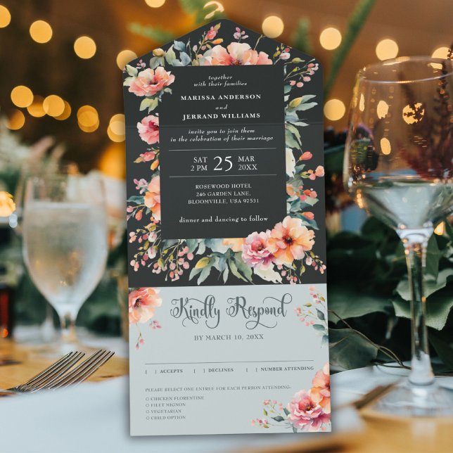 Rustic Land Sage Grönt Modern Blommigt Bröllop (Rustic Country Sage Green Modern Floral Wedding All In One Invitation)