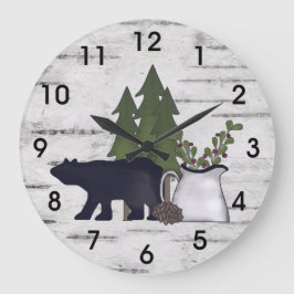 Rustic Land Silhouette Bear och Träd på Birch Stor Klocka