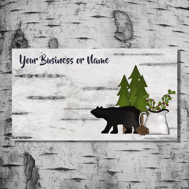Rustic Land Silhouette Bear på Birch Träd Bark Visitkort (Front - Rustic Country Silhouette Bear on Birch Tree Bark Business Card)