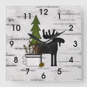 Rustic Land Silhouette Moose och Träd på Birch Fyrkantig Klocka