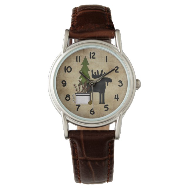 Rustic Land Silhouette Mountain Moose Armbandsur (Framsida)