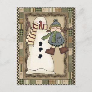 Rustic Land Snögubbe Holly Berries Open House Helg Vykort
