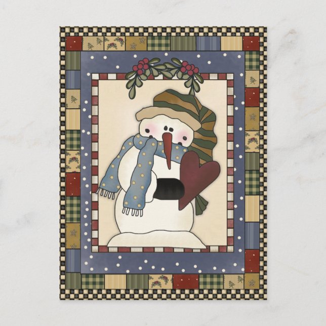 Rustic Land Snögubbe Holly Berries Open House Helg Vykort (Framsida)