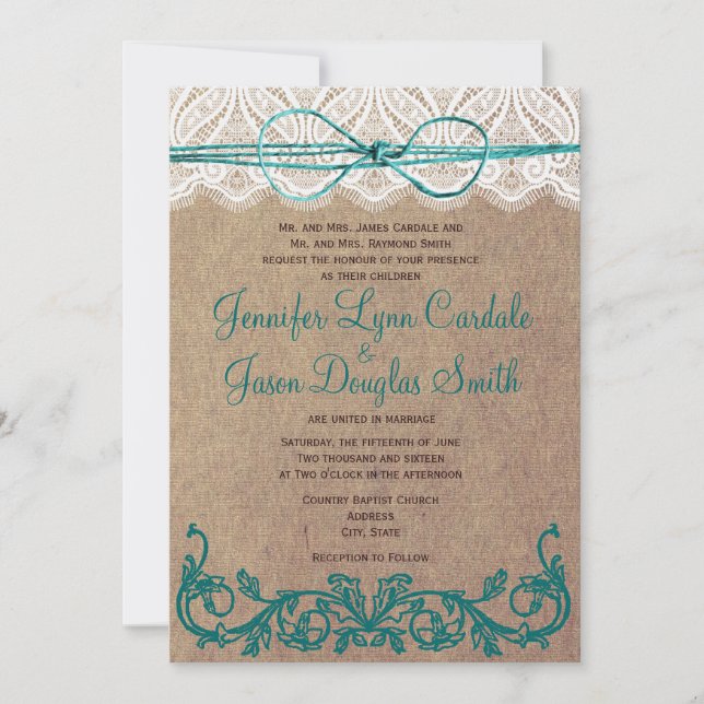 Rustic Land Snöre Brown Teal Wedding bjudits in Inbjudningar (Framsida)