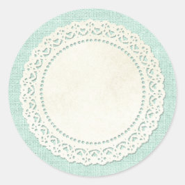 Rustic Land Snöre Doily on Aqua Blue Burlap Runt Klistermärke