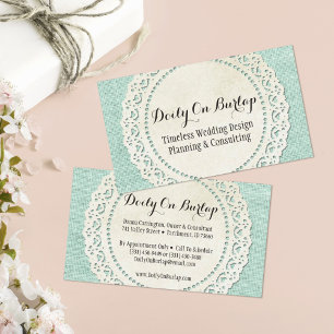 Rustic Land Snöre Doily on Aqua Blue Burlap Visitkort