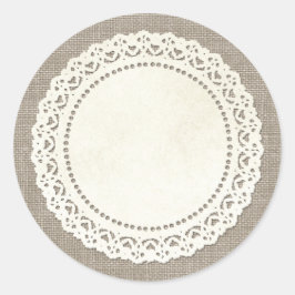 Rustic Land Snöre Doily on Natural Brown Burlap Runt Klistermärke