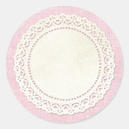Rustic Land Snöre Doily på Shabby Rosa Burlap Runt Klistermärke