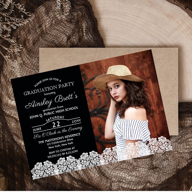 Rustic Land Snöre | Foto-Studentfest Magnetisk Inbjudningskort (Rustic Country Lace Photo High School Graduation Announcement and Party Invitation - Print | Digital)