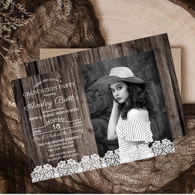 Rustic Land Snöre | Studentfest för träfoto Inbjudningar (Rustic Country Lace on Wood Look Background Photo Graduation Party Invitation)