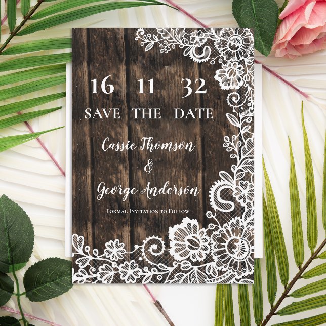 Rustic Land Snöre Wood Bröllop spara datum (Rustic Country Lace Wood Wedding Save the Date)