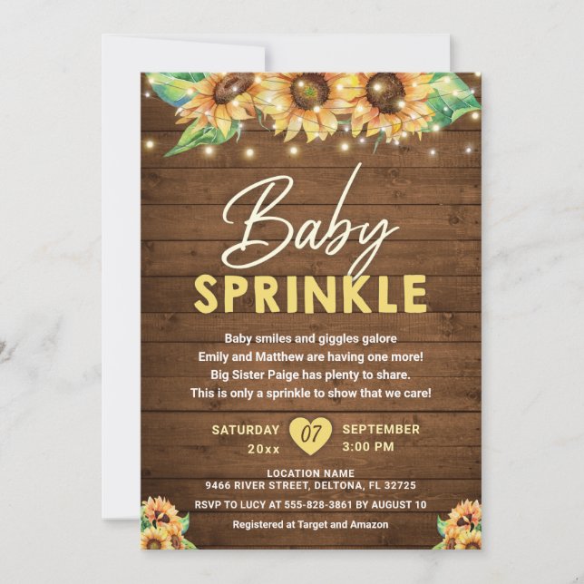 Rustic Land Solros Gult Fall Baby Sprinkle Inbjudningar (Framsida)