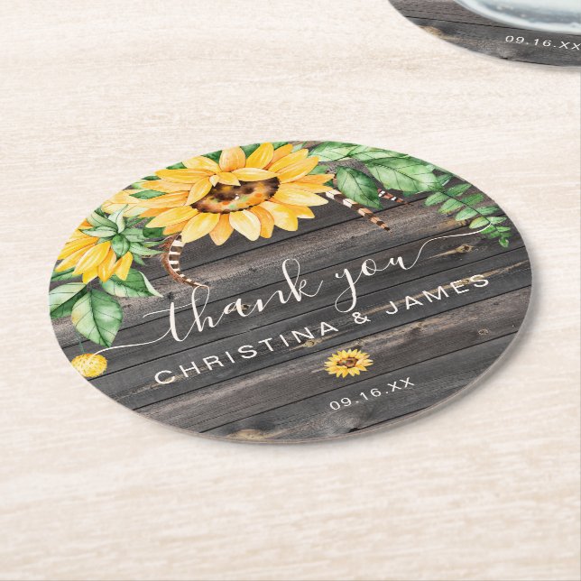 Rustic Land Solros Tack Wedding Favor Underlägg Papper Rund (Vinklad)