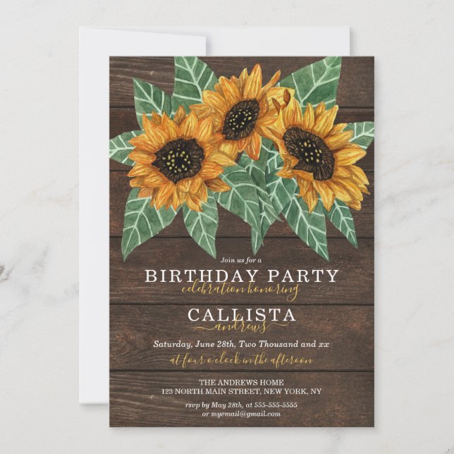 Rustic Land Solros Wood Watercolor Birthday Inbjudningar (Framsida)