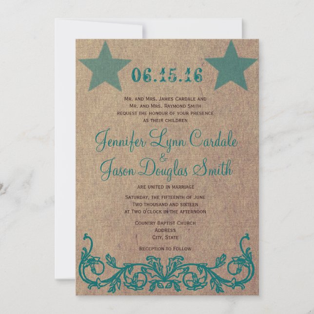 Rustic Land Star Brown Teal Wedding Inbjudningar (Framsida)