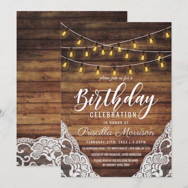 Rustic Land String Ljus Wood Snöre Birthday Inbjudningar (Fram/baksida)