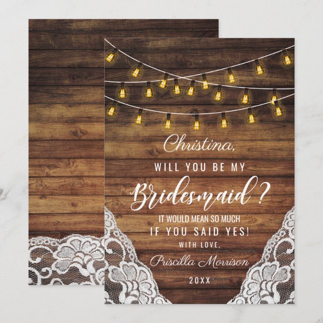 Rustic Land String Ljus Wood Snöre Bridesmaid Inbjudningar (Fram/baksida)
