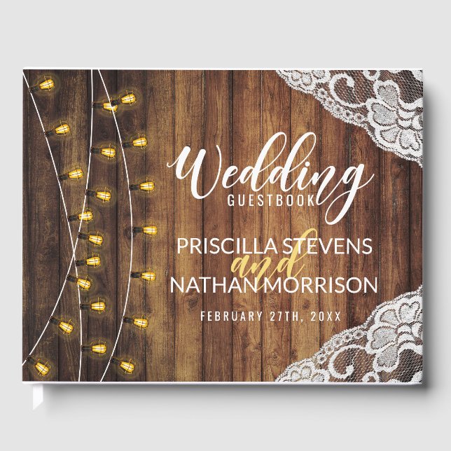 Rustic Land String Ljus Wood Snöre Bröllop Gästböcker (Framsida)