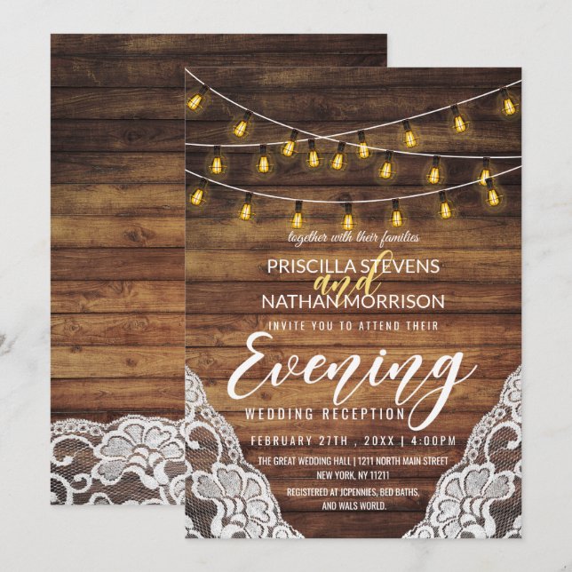 Rustic Land String Ljus Wood Snöre Evening Inbjudningar (Fram/baksida)