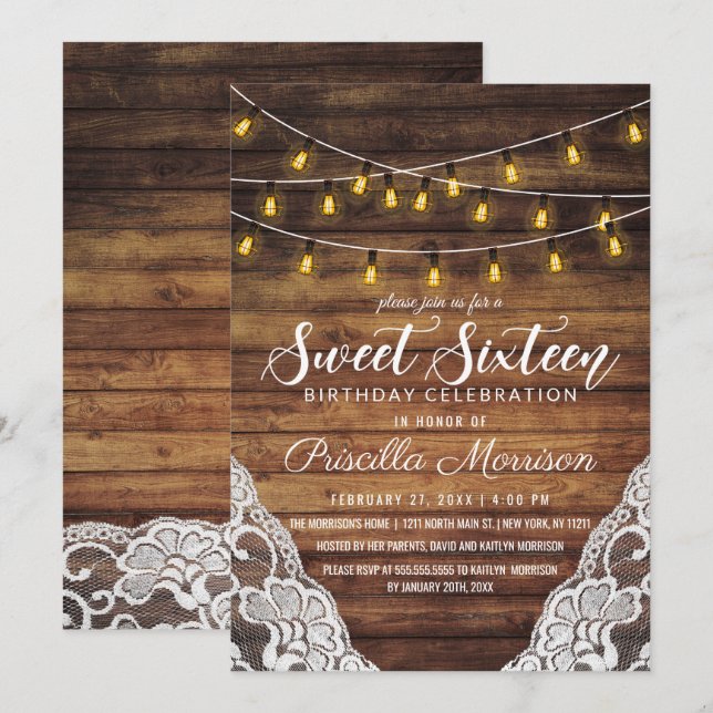 Rustic Land String Ljus Wood Snöre Sweet 16 Inbjudningar (Fram/baksida)