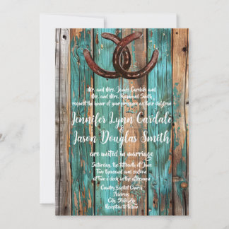 Rustic Land Teal Barn Wood Horseshoe Bröllop Inbjudningar