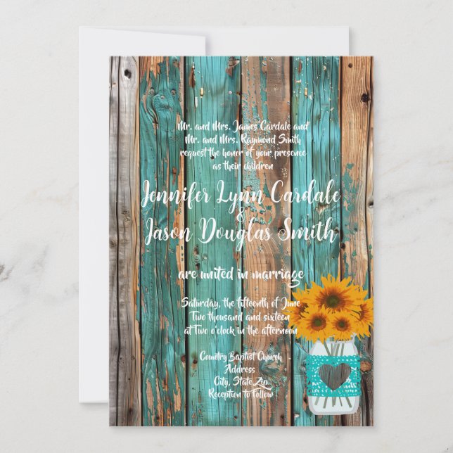Rustic Land Teal Barn Wood Solros Mason Burk Inbjudningar (Framsida)