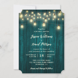 Rustic Land Teal Wood String Ljus Bröllop Inbjudningar