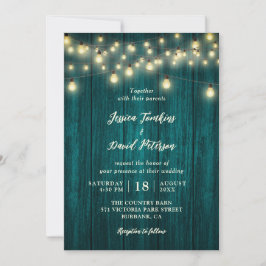 Rustic Land Teal Wood String Ljus Bröllop Inbjudningar