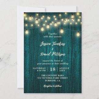 Rustic Land Teal Wood String Ljus Bröllop Inbjudningar