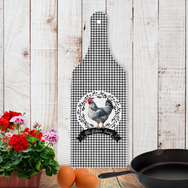 Rustic Land Tupp Chicken BW Gingham Checks (Rustic Country Rooster Chicken Black and White Gingham Checks Family Name Script Text Cutting Board)
